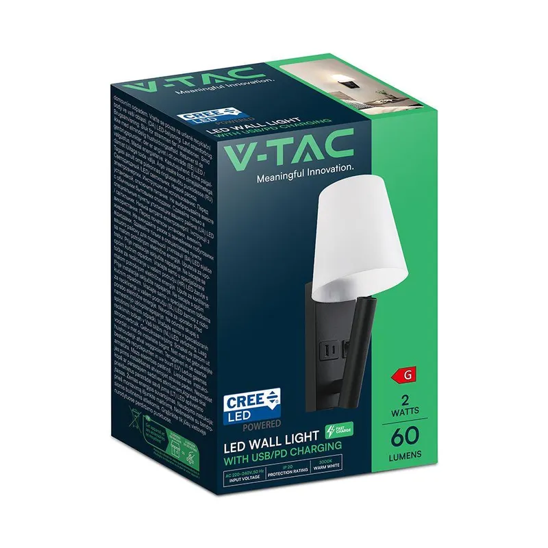 Oprawa LED V-TAC 2W COB CREE Kinkiet Hotel Łóżko USB+USB C Klosz VT-88062-B 3000K 60LM - Czarny