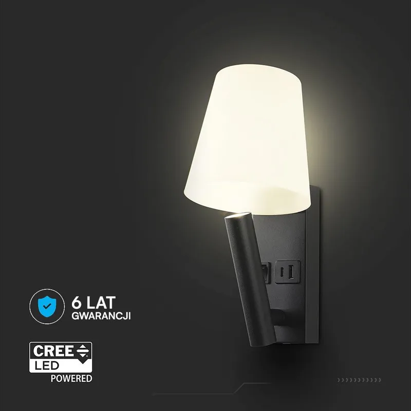 Oprawa LED V-TAC 2W COB CREE Kinkiet Hotel Łóżko USB+USB C Klosz VT-88062-B 3000K 60LM - Czarny