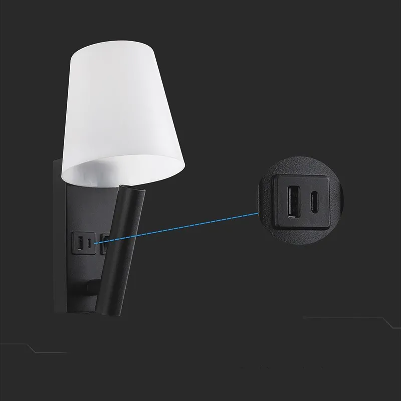 Oprawa LED V-TAC 2W COB CREE Kinkiet Hotel Łóżko USB+USB C Klosz VT-88062-B 3000K 60LM - Czarny
