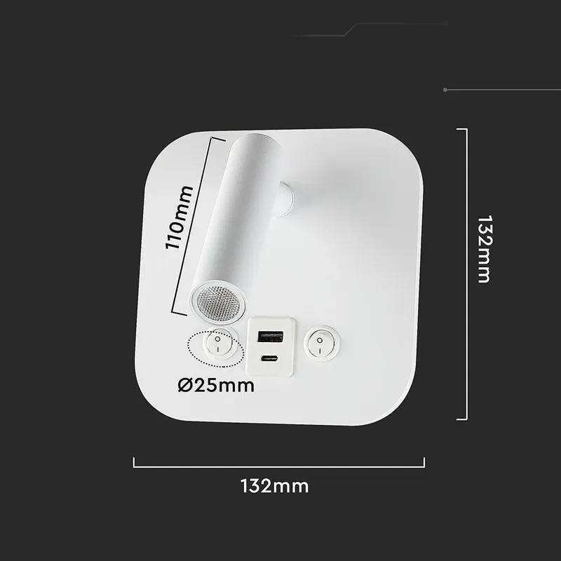 Oprawa LED V-TAC 8W COB CREE Kinkiet Hotel Łóżko USB+USB C Włącznik VT-80068-W 3000K 830LM 2 Lata Gwarancji - Biały