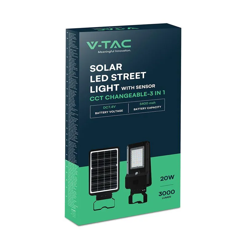 Naświetlacz Oprawa Uliczna Solarna V-TAC 20W LED IP65 150LM/W VT-ST20CCT 3000K-4000K-6000K 3000LM 3 Lata Gwarancji - Czarna