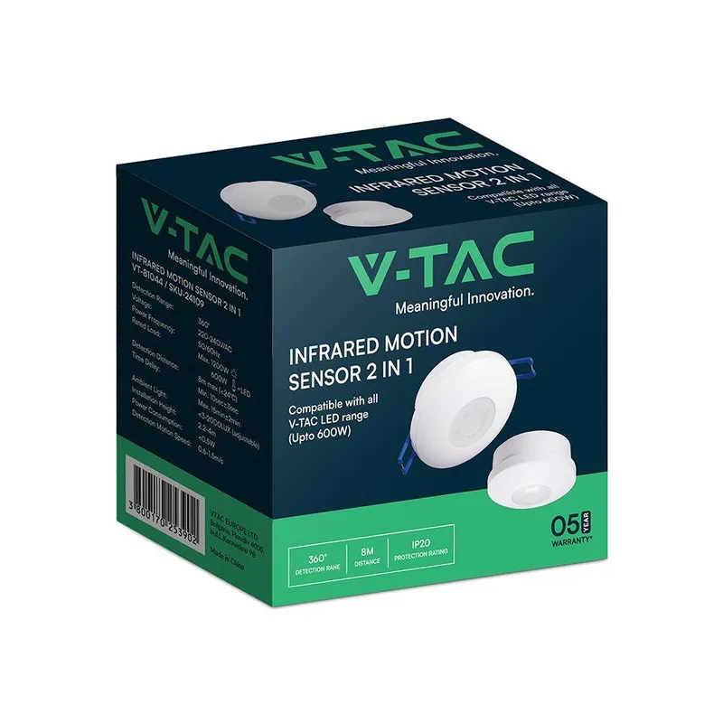 Czujnik Ruchu 360ST Podczerwień Natynkowy/Podtynkowy 2w1 600W LED V-TAC VT-81044 5 Lat Gwarancji - Biały