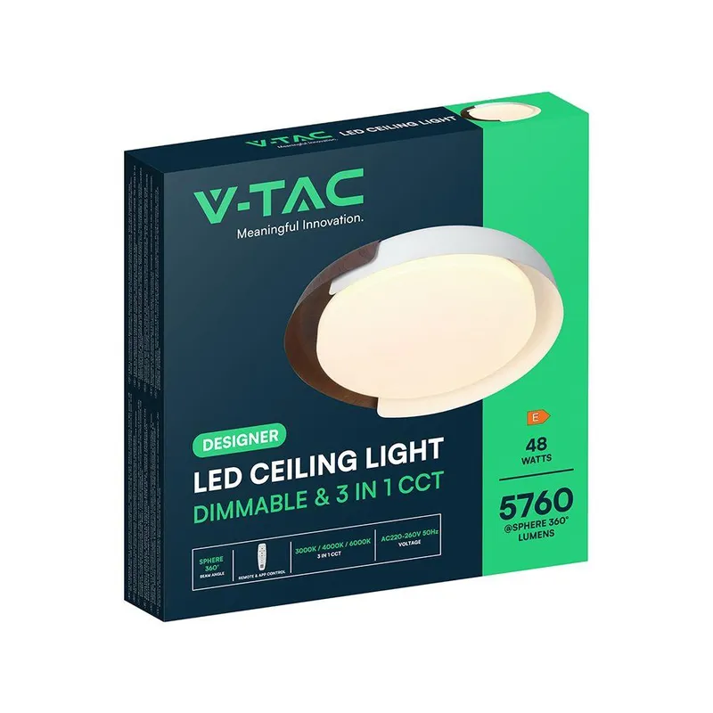 Oprawa Sufitowa Plafoniera V-TAC 48W LED 50cm 3w1 Ściemnialna Biały/Drewno BT Pilot CCT VT-84020 3000K-4000K-6000K 5760LM
