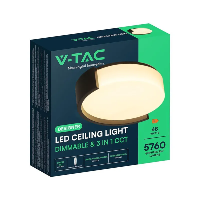 Oprawa Sufitowa Plafoniera V-TAC 48W LED 45cm 3w1 Ściemnialna BT Pilot CCT VT-84023 3000K-4000K-6500K 5760LM - Czarna