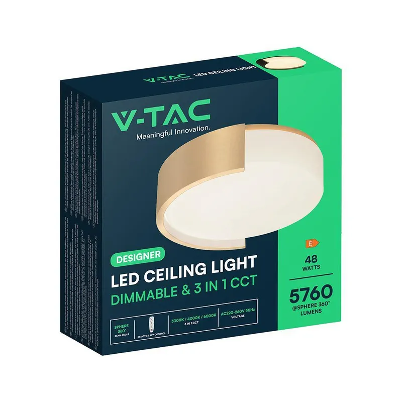 Oprawa Sufitowa Plafoniera V-TAC 48W LED 45cm 3w1 Ściemnialna BT Pilot CCT VT-84023 3000K-4000K-6000K 5760LM - Złota