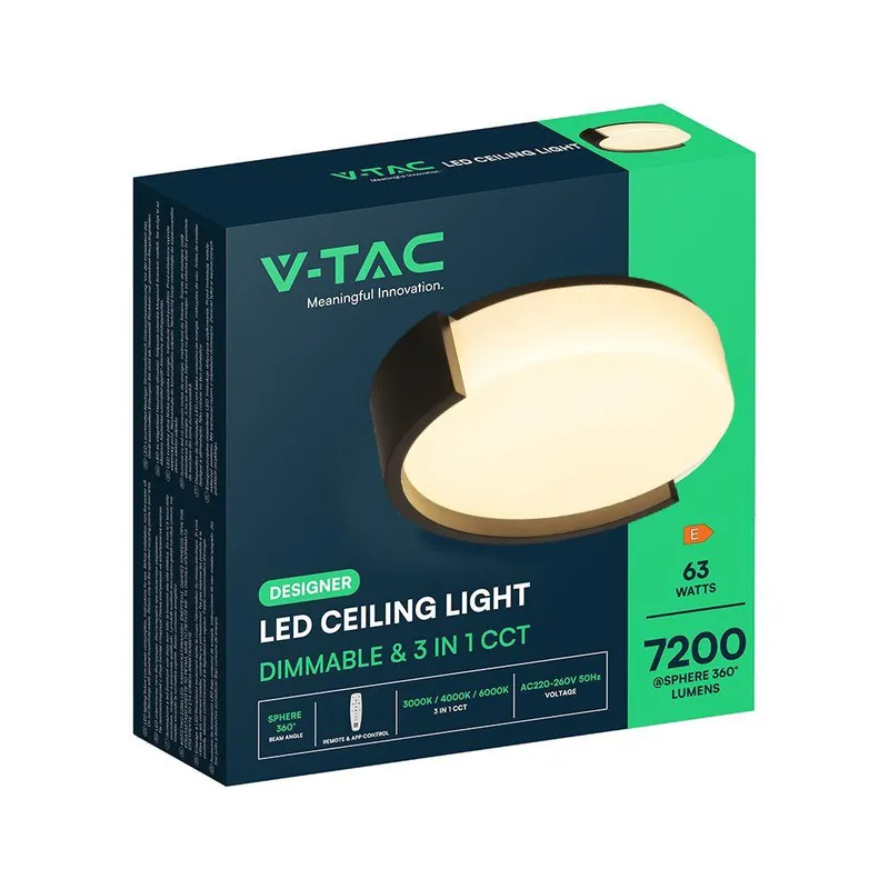 Oprawa Sufitowa Plafoniera V-TAC 63W LED 55cm 3w1 Ściemnialna BT Pilot CCT VT-84036 3000K-4000K-6000K 7200LM - Czarna