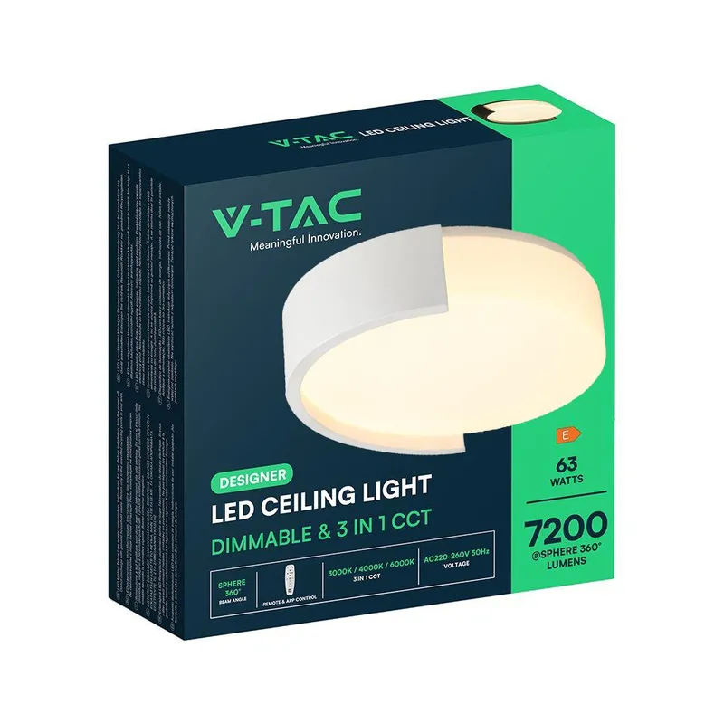 Oprawa Sufitowa Plafoniera V-TAC 63W LED 55cm 3w1 Ściemnialna BT Pilot CCT VT-84036 3000K-4000K-6000K 7200LM - Biała