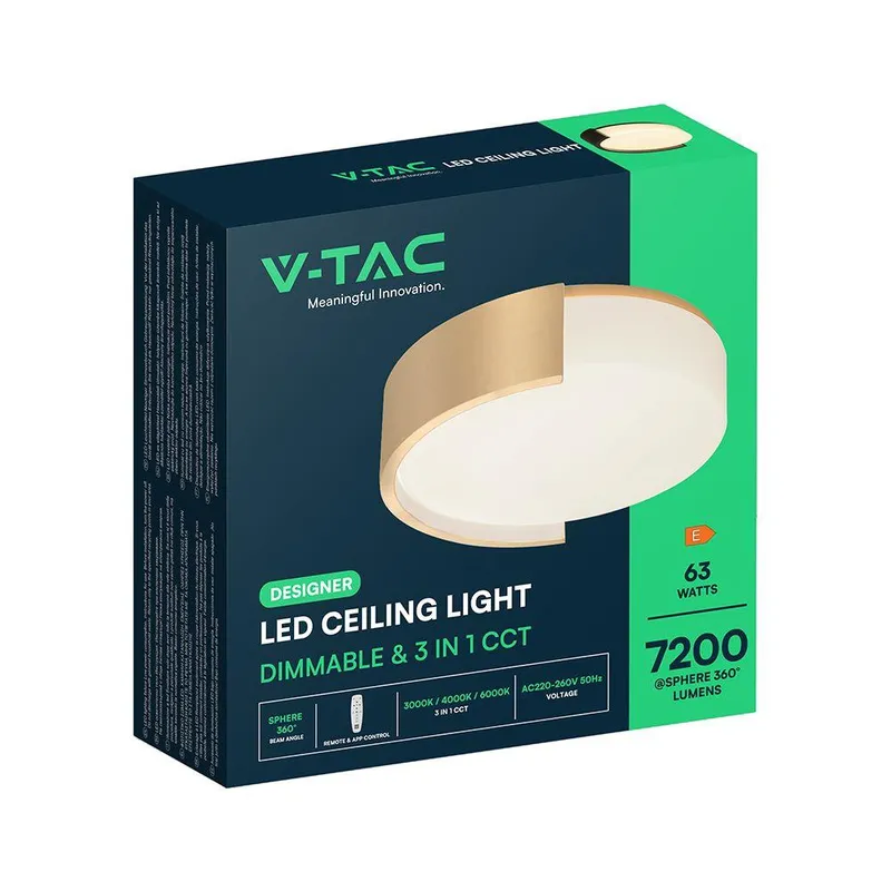 Oprawa Sufitowa Plafoniera V-TAC 63W LED 55cm 3w1 Ściemnialna BT Pilot CCT VT-84036 3000K-4000K-6000K 7200LM - Złota