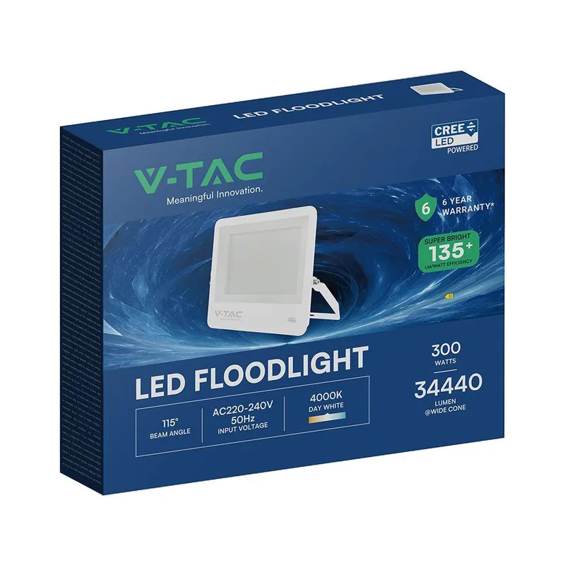 Naświetlacz LED V-TAC CREE CHIP 300W 135LM/W Obudowa Przewód 1m IP65 VT-44003 4000K 34440LM 6 Lat Gwarancji - Biała