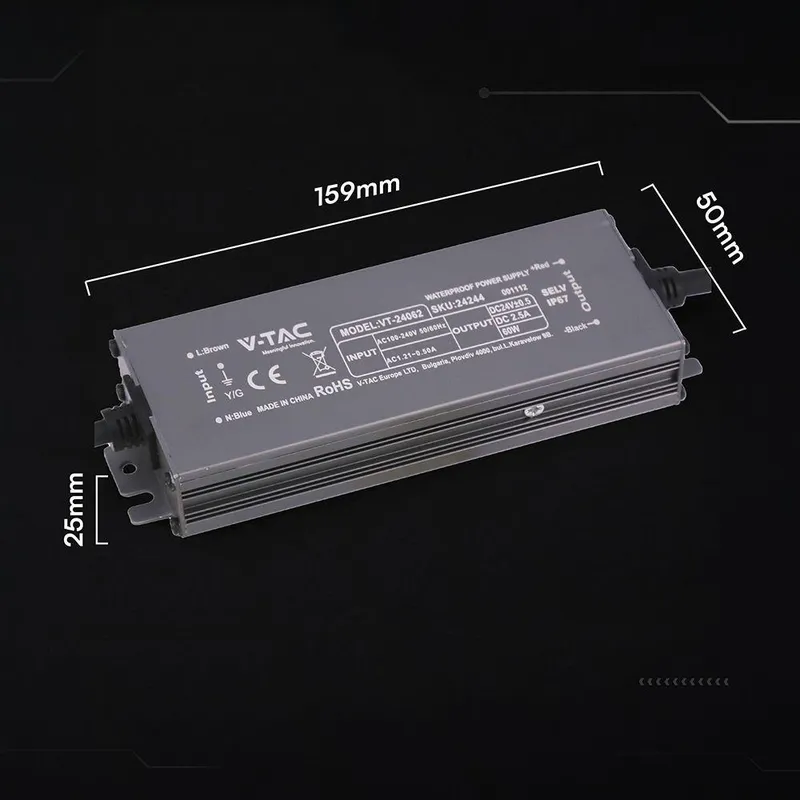 Zasilacz Do LED Hermetyczny SLIM V-TAC 60W 24V 2.5A IP67 Filtr EMI VT-24062