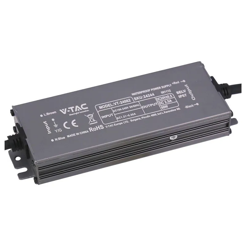 Zasilacz Do LED Hermetyczny SLIM V-TAC 60W 24V 2.5A IP67 Filtr EMI VT-24062