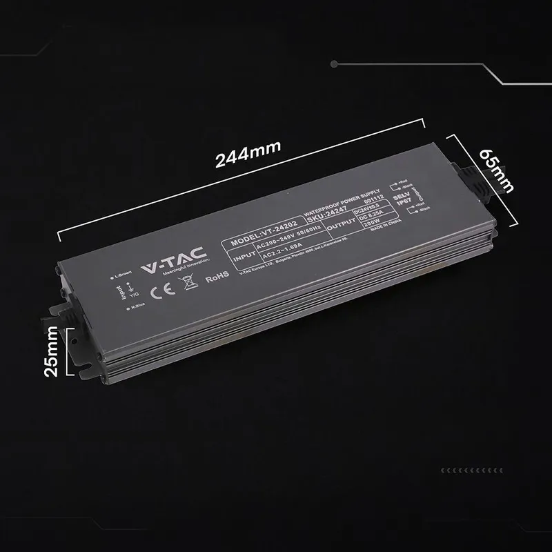 Zasilacz Do LED Hermetyczny SLIM V-TAC 200W 24V 8.25A IP67 Filtr EMI VT-24202