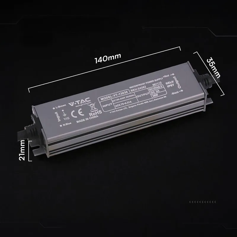 Zasilacz Do LED Hermetyczny SLIM V-TAC 36W 12V 3A IP67 Filtr EMI VT-13036