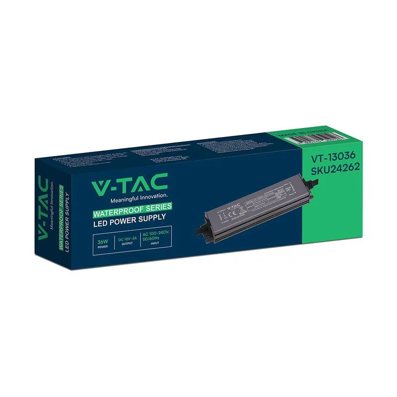 Zasilacz Do LED Hermetyczny SLIM V-TAC 36W 12V 3A IP67 Filtr EMI VT-13036