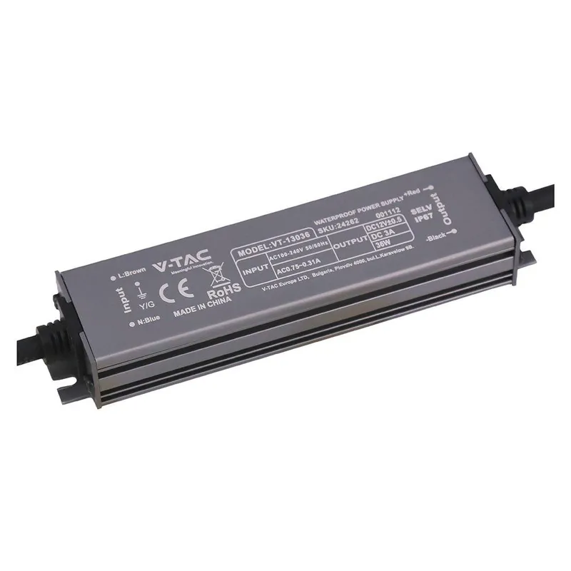 Zasilacz Do LED Hermetyczny SLIM V-TAC 36W 12V 3A IP67 Filtr EMI VT-13036
