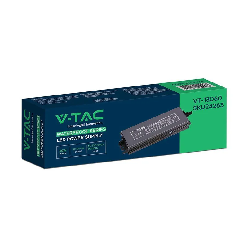 Zasilacz Do LED Hermetyczny SLIM V-TAC 60W 12V 5A IP67 Filtr EMI VT-13060