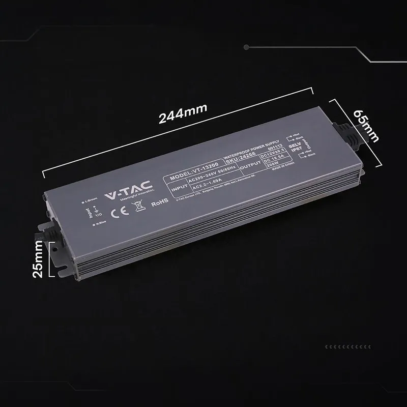 Zasilacz Do LED Hermetyczny SLIM V-TAC 200W 12V 16.5A IP67 Filtr EMI VT-13200