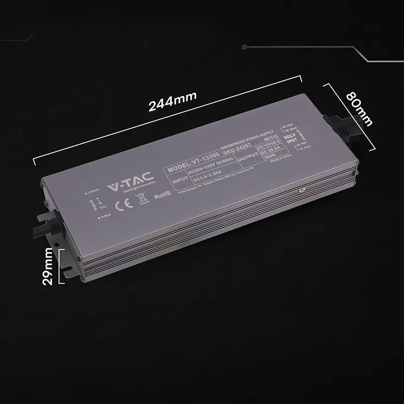 Zasilacz Do LED Hermetyczny SLIM V-TAC 300W 12V 25A IP67 Filtr EMI VT-13300