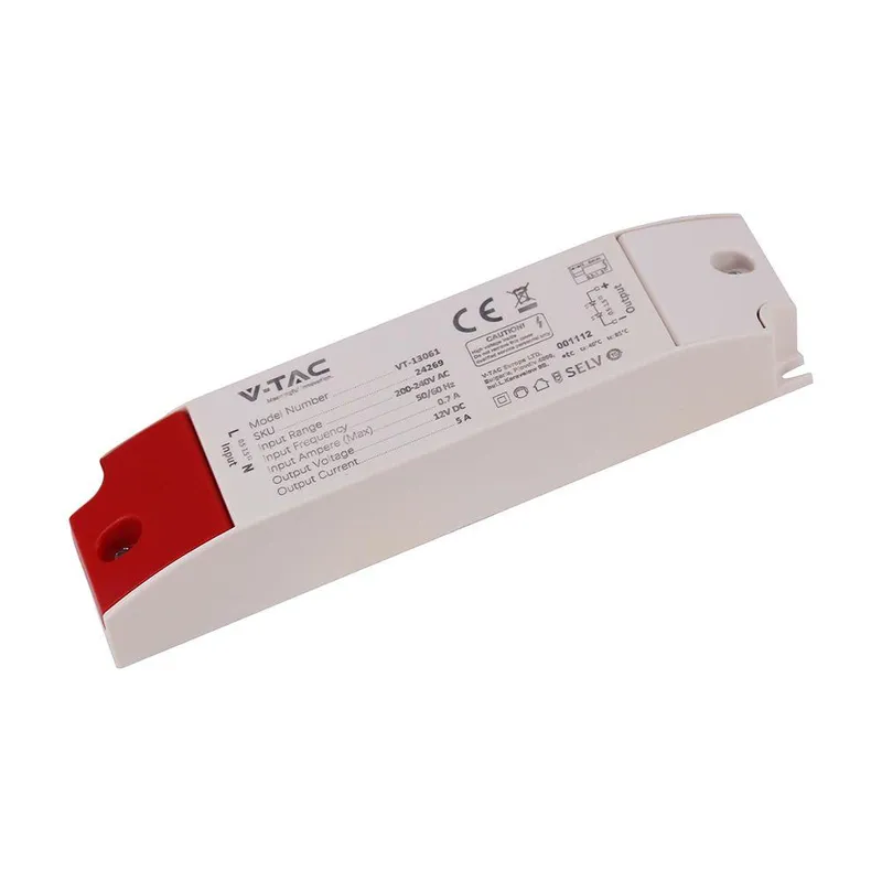 Zasilacz Do LED Modułowy Montażowy SLIM V-TAC 60W 12V 5A IP44 Filtr EMI VT-13061