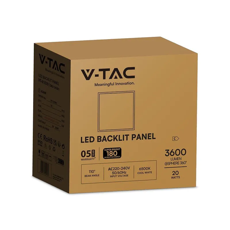 Panel LED V-TAC 20W 60x60 Backlight 33mm 180LM/W VT-61020 6500K 3600LM 5 Lat Gwarancji