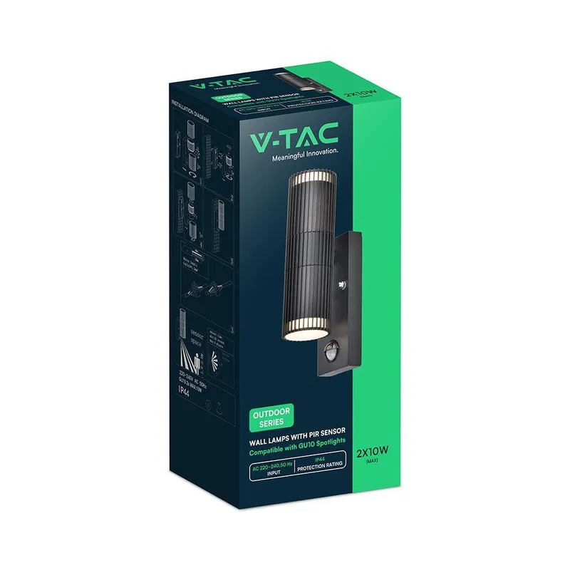 Kinkiet Ogrodowy V-TAC GU10 Czujnik Aluminium Góra Dół IP44 VT-10175PIR 3 Lata Gwarancji - Czarny