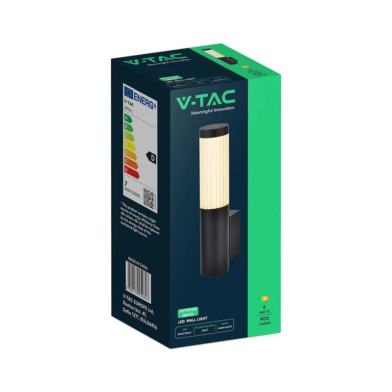 Oprawa Ścienna Elewacyjna V-TAC LED 8W IP44 VT-10179 3000K 900LM - Czarna