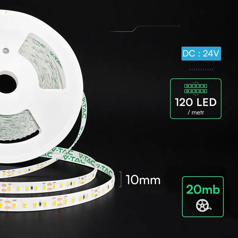 Taśma LED Premium V-TAC SMD2835 120LED/M 8W/M 24V 2XPCB Rolka 20METRÓW VT-2835 4000K 785LM