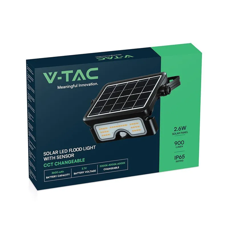 Naświetlacz LED Solarny V-TAC 7W CCT Czujnik Ruchu IP65 VT-777-7 STEP: 3000K + 4000K + 6500K 900LM 3 Lata Gwarancji - Czarny