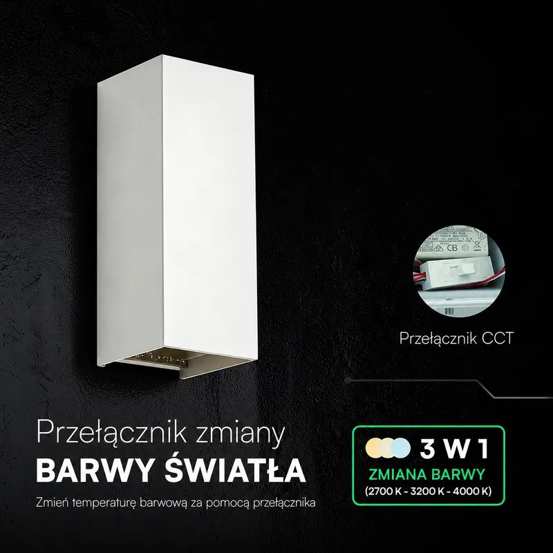 Oprawa Ścienna V-TAC 10W LED COB IP65 CCT Zmiana Barwy VT-120112-W 2700K-3200K-4000K 1250LM - Biała