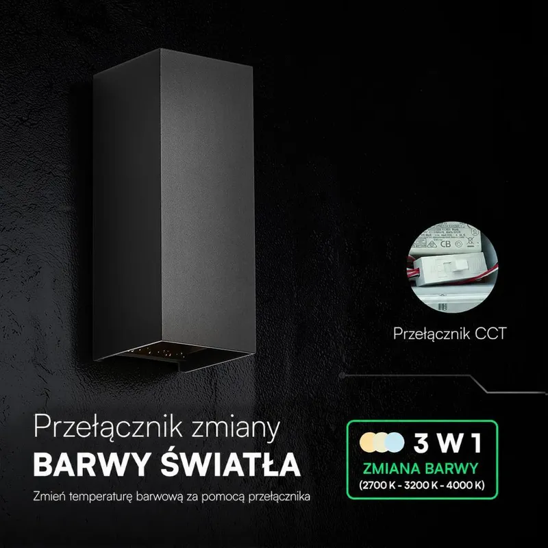Oprawa Ścienna V-TAC 10W LED COB IP65 CCT Zmiana Barwy VT-120112-B 2700K-3200K-4000K 1250LM - Czarna