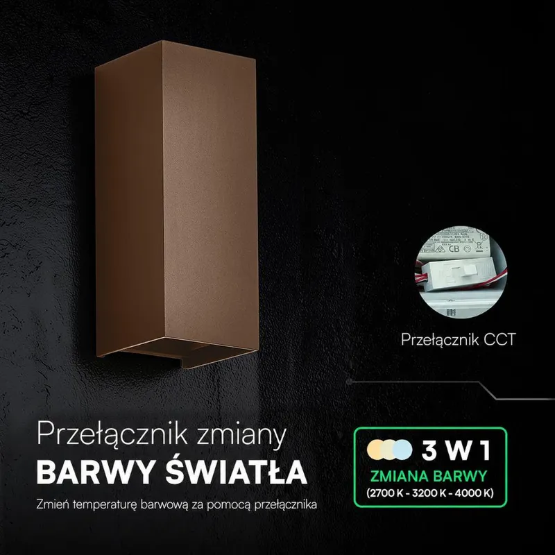 Oprawa Ścienna V-TAC 10W LED COB Brąz Corten IP65 CCT Zmiana Barwy VT-120112-C 2700K-3200K-4000K 1250LM