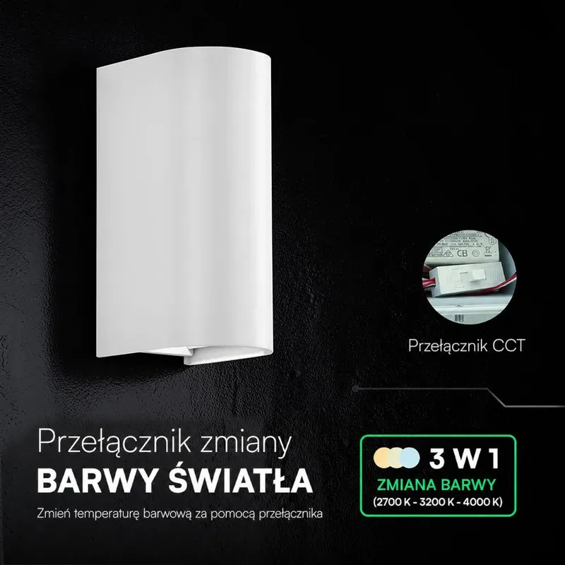 Oprawa Ścienna V-TAC 10W LED COB IP65 CCT Zmiana Barwy VT-120113 2700K-3200K-4000K 1250LM - Biała