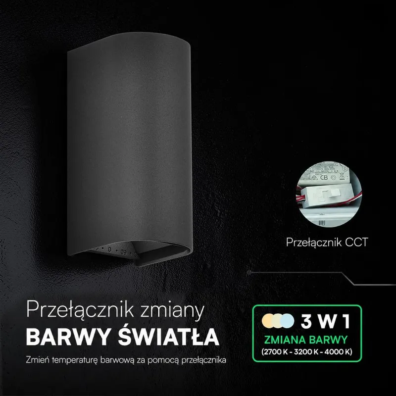 Oprawa Ścienna V-TAC 10W LED COB IP65 CCT Zmiana Barwy VT-120113-B 2700K-3200K-4000K 1250LM - Czarna