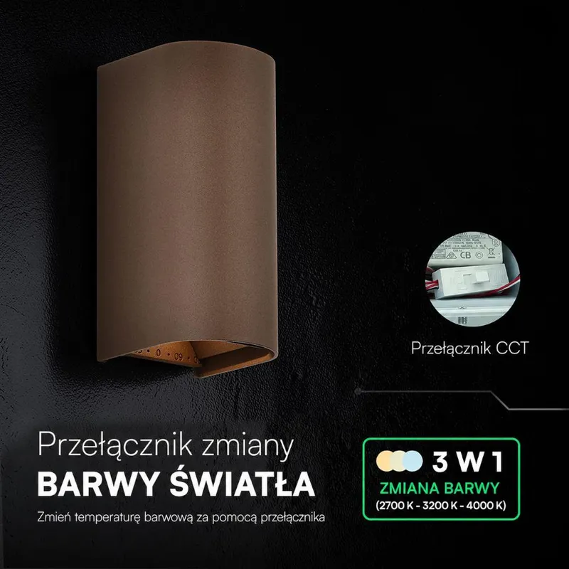 Oprawa Ścienna V-TAC 10W LED COB Brąz Corten IP65 CCT Zmiana Barwy VT-120113 2700K-3200K-4000K 1250LM
