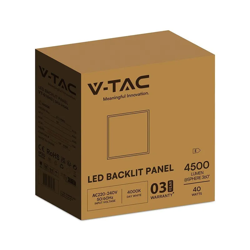 Panel LED V-TAC 40W 60x60 LED Backlight 33mm 110LM/W VT-61043 4000K 4500LM 3 Lata Gwarancji