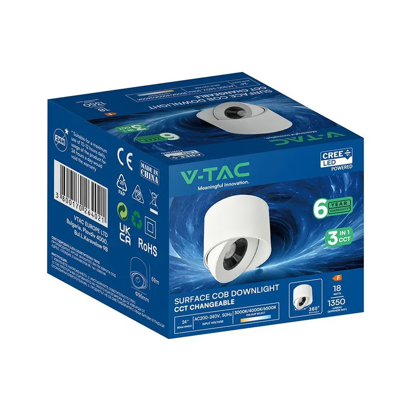 Oprawa V-TAC LED CREE Uchylny Downlight Natynkowy 18W CRI90+ CCT IP44 VT-110018CCT 3000K-4000K-6500K 1350LM 6 Lat Gwarancji - Biała