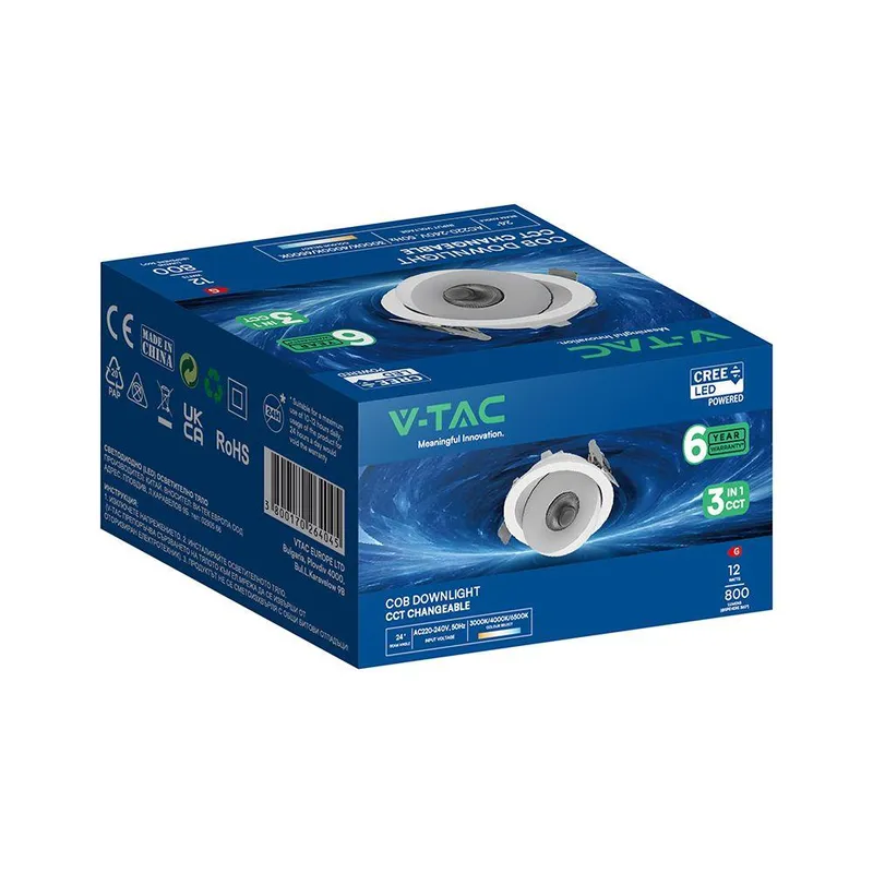 Oprawa V-TAC LED CREE Uchylny Downlight Wpuszczany 18W CRI90+ CCT IP44 VT-110017CCT 3000K-4000K-6500K 1350LM 6 Lat Gwarancji - Biała