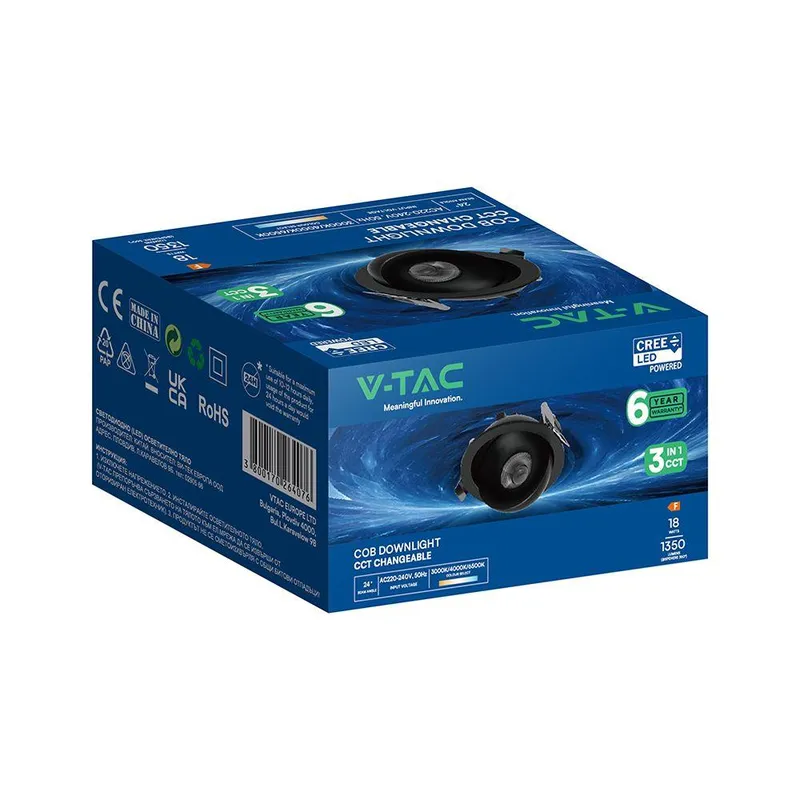 Oprawa V-TAC LED CREE Uchylny Downlight Wpuszczany 18W CRI90+ CCT IP44 VT-110017CCT 3000K-4000K-6500K 1350LM 6 Lat Gwarancji - Biała