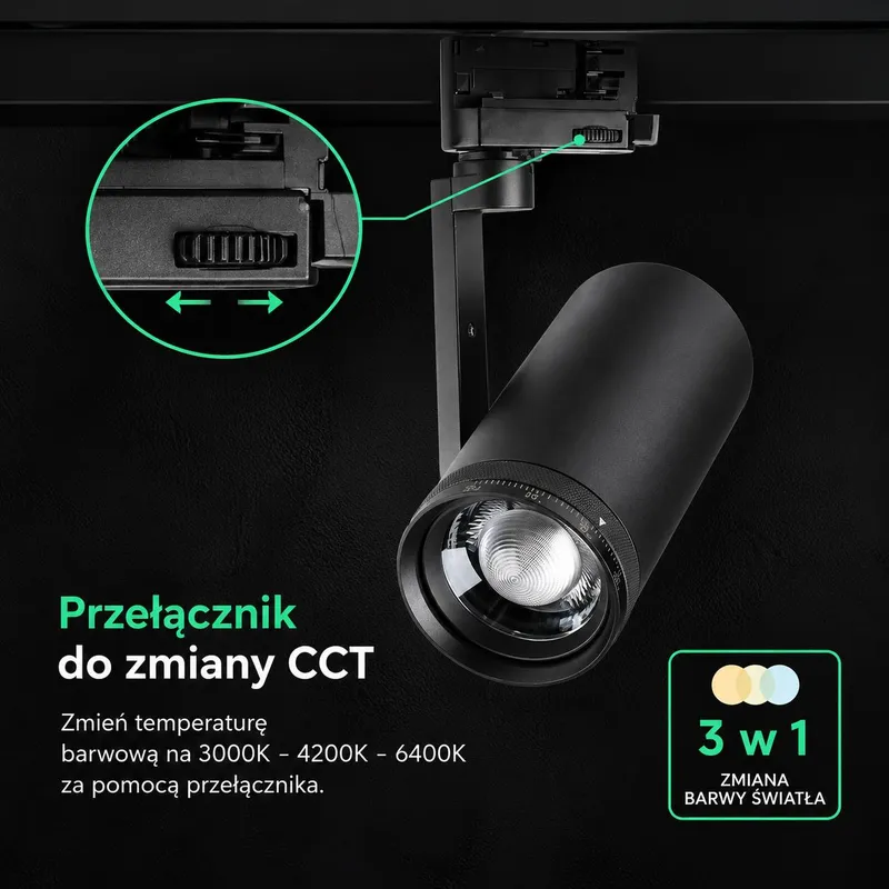 Oprawa Szynoprzewód 3F V-TAC 30W LED Regulowany Kąt 25-50STOPNI CCT VT-18031CCT 3000K-4200K-6400K 2480LM - Czarna