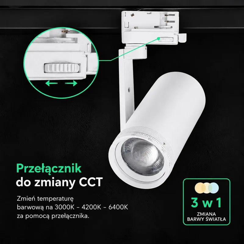 Oprawa Szynoprzewód 3F V-TAC 30W LED Regulowany Kąt 25-50STOPNI CCT VT-18031CCT 3000K-4200K-6400K 2480LM - Biała