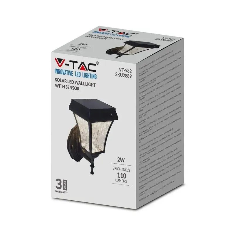 Kinkiet Ogrodowy Ścienny Solarny V-TAC 2W LED IP44 VT-982-S 3000K-4500K-6000K 110LM 3 Lata Gwarancji