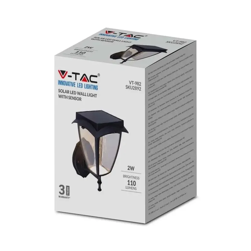 Kinkiet Ogrodowy Ścienny Solarny V-TAC 2W LED IP44 VT-982 3000K+6000K 110LM 3 Lata Gwarancji
