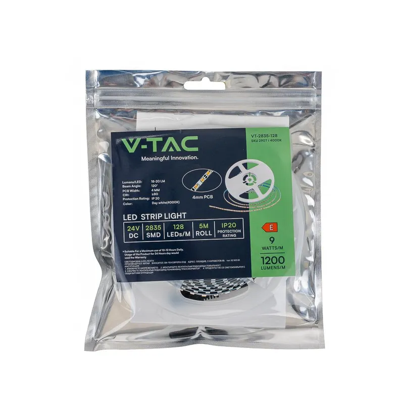 Taśma LED V-TAC SMD2835 128LED 24V IP20 Szerokość 4mm VT-2835 128 4000K 1200LM