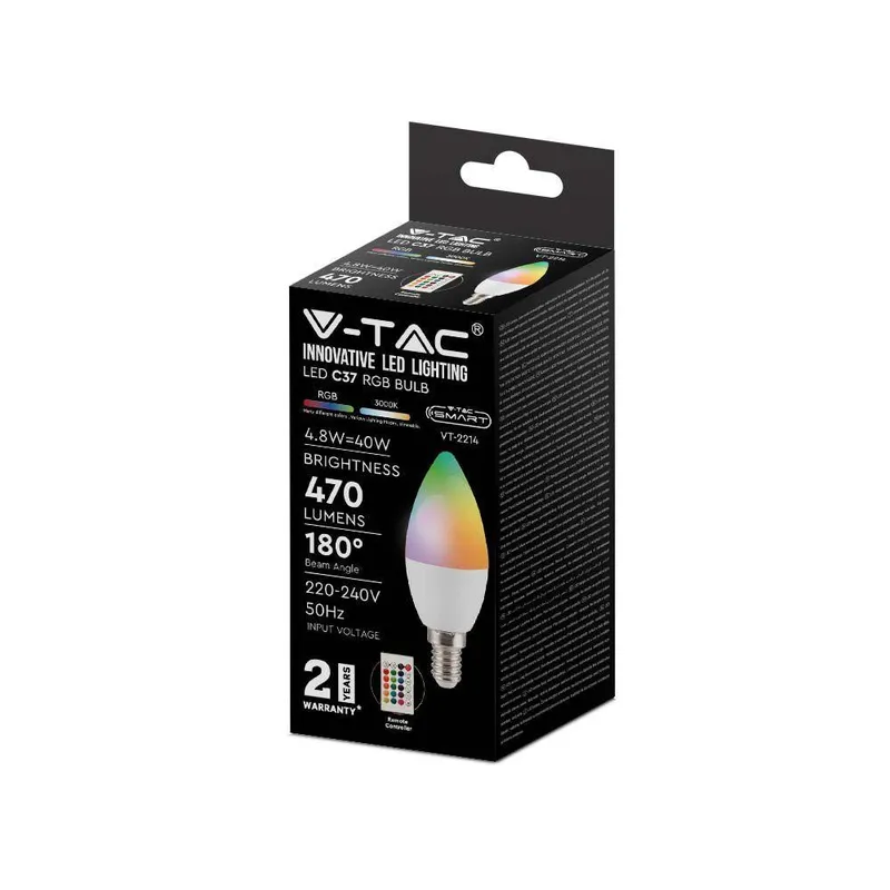 Żarówka LED V-TAC 4,8W E14 Świeczka Pilot VT-2214-N-1 RGB+3000K 320LM