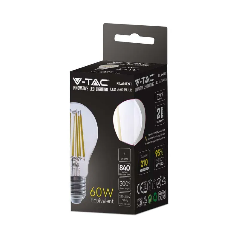 Żarówka LED V-TAC 4W E27 Filament A60 210LM/W VT-2334 3000K 840LM