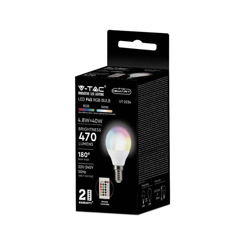 Żarówka LED V-TAC 4,8W E14 Kulka P45 Pilot VT-2234 3000K+RGB 470LM