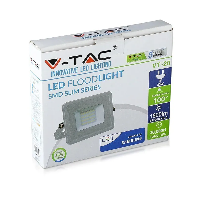 Naświetlacz LED V-TAC 20W SAMSUNG CHIP VT-20-W 6400K 1600LM 5 Lat Gwarancji - Biały