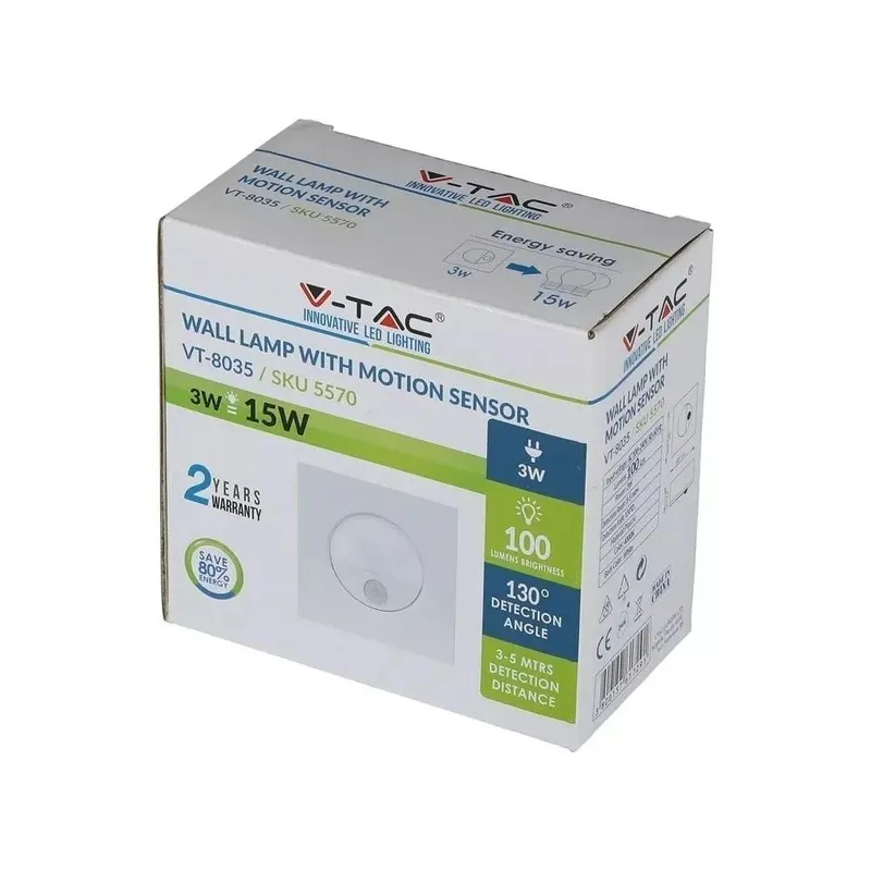 Oprawa Schodowa 3W LED V-TAC Czujnik Ruchu 230V VT-8035 4000K 100LM - Biała