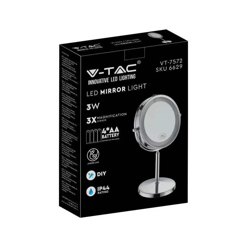 Lustro Przenośne V-TAC 3W LED Łazienka Makijaż 4XAAA FI.17CM Chrom VT-7572 6400K 30LM