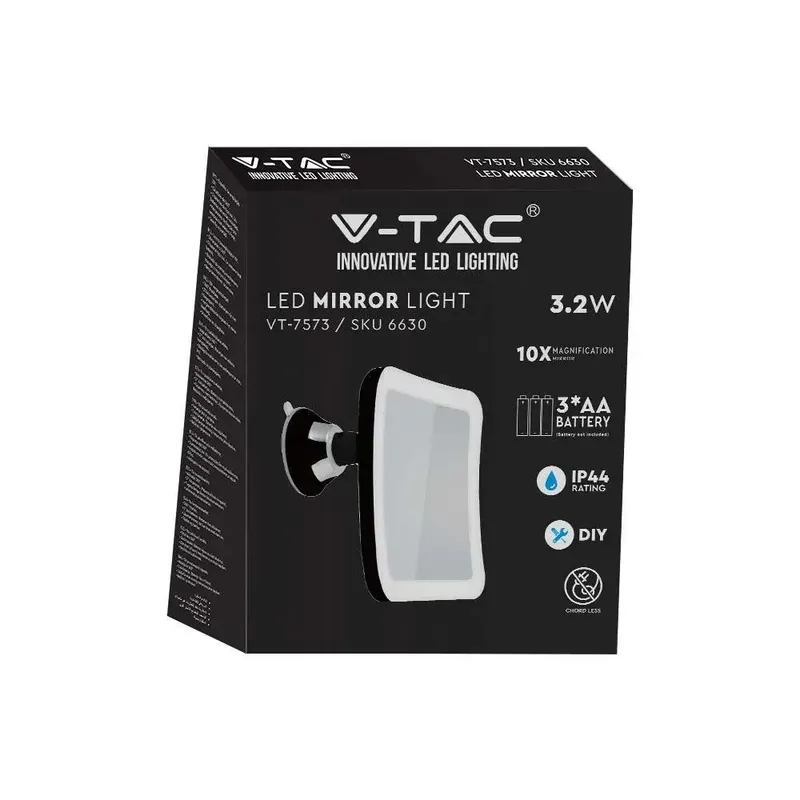 Lustro Przenośne V-TAC 3,2W LED Łazienka Makijaż 4XAAA FI.17CM Chrom VT-7573 6400K 30LM
